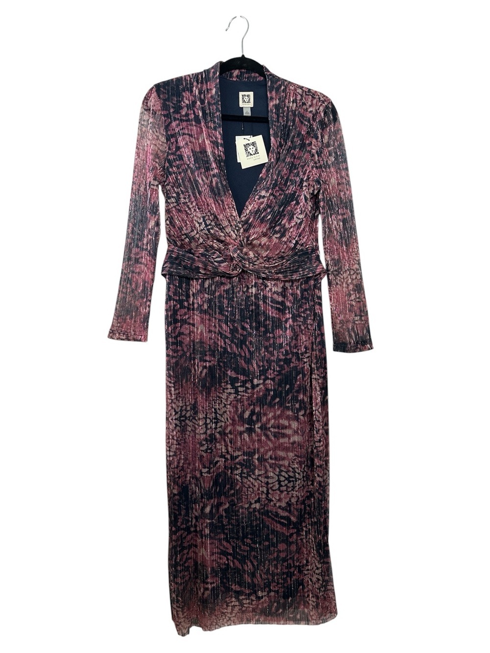 ANNE KLEIN Lotus Pink Multi Metallic Long Sleeves Pleated Special Ocassion Maxi